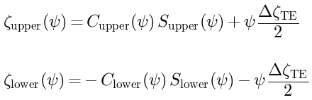 Upper side: \zeta_{upper} = C_{upper} S_{upper} + \psi \Delta\zeta_{TE}/2; lower side: \zeta_{lower} = -C_{lower} S_{lower} - \psi \Delta\zeta_{TE}/2