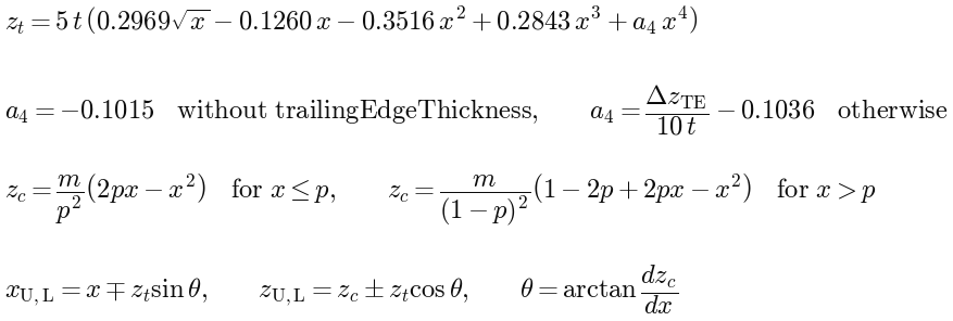 NACA 4-digit series: thickness distribution z_t with coefficient a_4, camber line z_c and upper and lower side perpendicular to the camber line