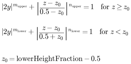|2y|^m_upper + |(z - z0)/(0.5 - z0)|^n_upper = 1 for z >= z0; |2y|^m_lower + |(z - z0)/(0.5 + z0)|^n_lower = 1 for z < z0; z0 = lowerHeightFraction - 0.5