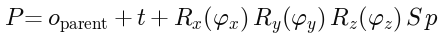 P = o_parent + t + R_x(phi_x) R_y(phi_y) R_z(phi_z) S p