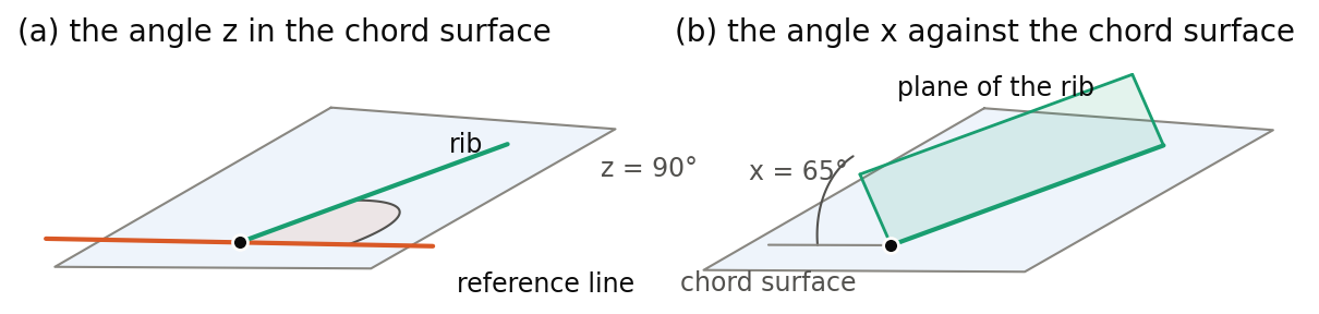Oblique view of a patch of the chord surface with one rib: (a) the angle z of 90 degrees between the rear spar as reference line and the rib, measured in the chord surface; (b) the angle x of 65 degrees between the chord surface and the plane of the rib, measured about the line along which the rib meets the surface